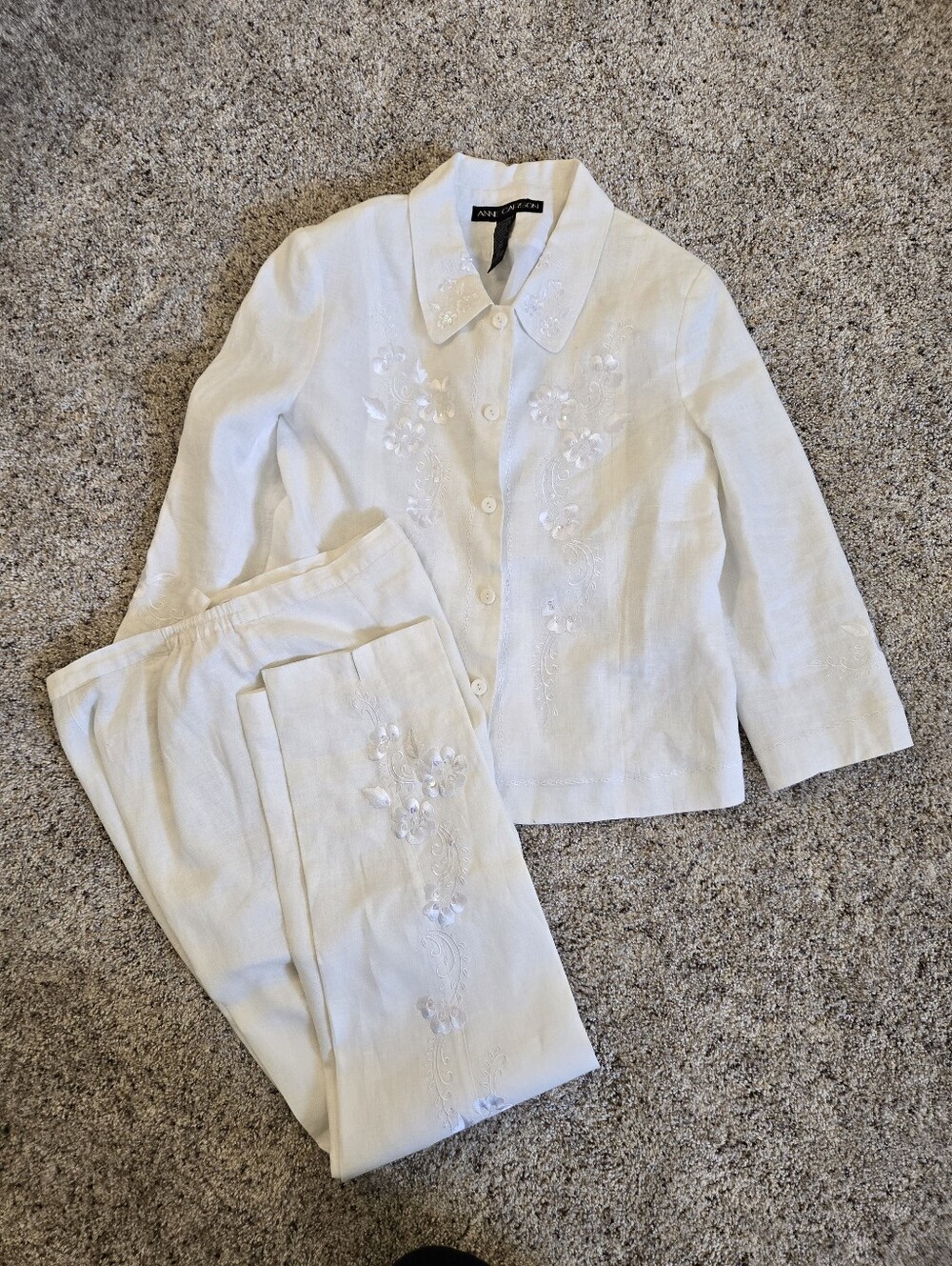Vintage Anne Carson White Embroidered Silk Linen Pant Set Mixed Sizes 8/10